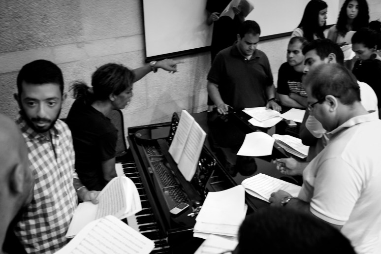 Shireen Abu Khadar the founder of the choir leading the rehearsal along side of Nedi Mona the conductor 